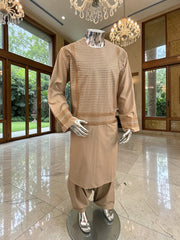 XL Beige Embroidered Afghan Parahan Tumban – Cotton-Blend Traditional Men’s Outfit | Luqmaan Boutique