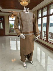 Men’s Camel Brown Parahan Tumban with Matching Embroidery – Afghan Traditional Outfit (Large)