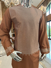 Medium Afghan Parahan Tunban Kameese Shalwar Brown Machine Embroidery