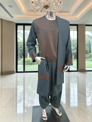 X-Large Men’s Slate Teal & Bronze Embroidered 3-Piece Parahan Tunban with Matching Tunban & Shawl | Afghan Traditional Outfit 7222