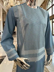 Medium Steel Blue Embroidered Men’s Parahan Tunban Yakhandozi – Premium Traditional Suit