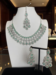 Luxury Mint Green American Diamond Bridal Jewelry Set with Maang Tikka | Premium Brass Statement Necklace & Earrings Gift Box Included 6037