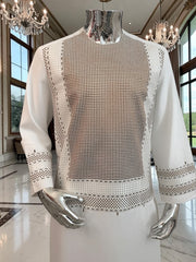 Medium Off White Machine Embroidery Yakhan Parahan Tunban – Premium Afghan Traditional Outfit
