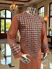 Small Men’s Caramel Brown Parahan Tumban with White & Tan Embroidery | Luxury Afghan Outfit with Matching Shawl