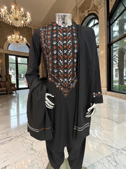 Small Black Afghan Parahan Tunban with Mirror Work – Premium Embroidered Men’s Traditional Outfit with Chadder/patto