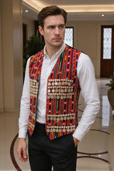 Men’s Traditional Afghan Vest with Multicolor Embroidery and Gold Coinwork | Handmade Waistcoat Small