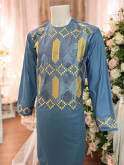 Afghan Parahan Tunban with Machine Khamakdozi Embroidery – Steel Blue Gold – Medium