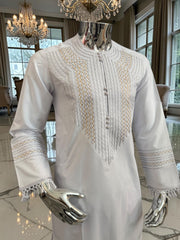 X-Small to Small Men’s White Afghan Parahan Tunban – Handmade Gold Embroidery on Chest & Sleeves