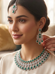 Luxury Emerald Green American Diamond Bridal Jewelry Set with Maang Tikka | Premium Brass Statement Collar Necklace, Earrings & Gift Box Included 6031