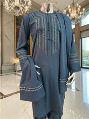 Men’s Designer Hand-Embroidered Parahan Tunban with Shawl – 3-Piece Afghan Outfit