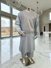 Men’s Blue Gray Embroidered Afghan Parahan Tunban with Matching Shawl – XXL