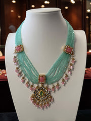 Mint Green & Pink Beaded Kundan Necklace and Earrings Set. 074