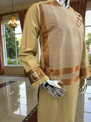 Small Men’s Golden Parahan Tumban with Bronze Geometric Embroidery – Afghan Traditional Outfit