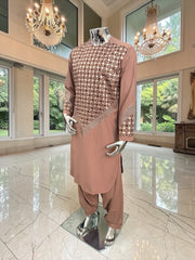 Small Men’s Tan Parahan Tumban with White & Tan Embroidery Afghan Kameese shalwar