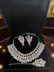 Luxury Pastel Pink & Mint American Diamond Bridal Jewelry Set with Maang Tikka | Premium Brass Statement Necklace & Earrings Gift Box Included 6033