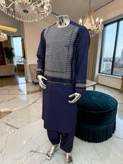 Large Navy Blue Afghan Parahan Tunban Set with Premium Machine Embroidery