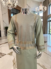 Large Sage Green Afghan Parahan Tunban with Gold and Brown Embroidery | Traditional Men’s Afghan Outfit