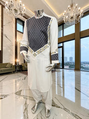 Small Off White Afghan Parahan Tunban Set – Premium Hand Embroidery Traditional Men’s Outfit with Matching Chadder Patto