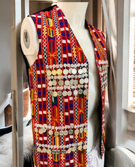 Men’s Traditional Afghan Vest with Multicolor Embroidery and Gold Coinwork | Handmade Waistcoat | Size Medium to Large
