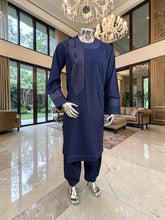Traditional Afghan Parahan Tunban with Machine Embroidery – Navy Blue – XS