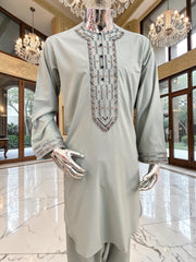 Medium Men’s Hand Embroidered Parahan Tunban Set – Light Sage Green Afghan Traditional Outfit