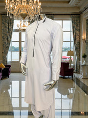 Men’s White Afghan Parahan Tumban with Black Embroidered Placket – Premium Cotton-Blend Fabric | Medium Size