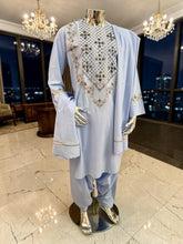 Medium Sky Blue Handmade Mirror Embroidered Afghan Parahan Tunban Set with Chadder