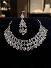 Luxury Blush Pink American Diamond Bridal Jewelry Set with Maang Tikka | Premium Brass Statement Collar Necklace, Earrings & Gift Box Included 6032