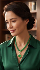 Natural Green Agate Beaded Necklace with Pendant | Gold Tone Statement Necklace | Gemstone Jewelry with Certificate 6005