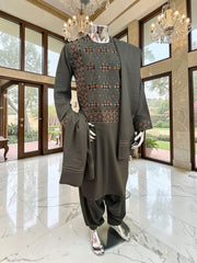 Large Hand Embroidered Dark Green Afghan Parahan Tunban Set with Matching Chadder