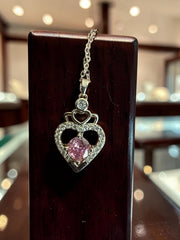 Pink Heart Pendant Necklace – Silver Tone Sparkling Stone Love Necklace for Women 7065