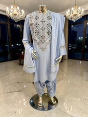 Small Sky Blue Handmade Mirror Embroidered Afghan Parahan Tunban Set with Chadder