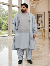 XX-Large Men’s Light Silver Gray Embroidered 3-Piece Parahan Tunban with Matching Tunban & Shawl | Afghan Traditional Outfit 7217