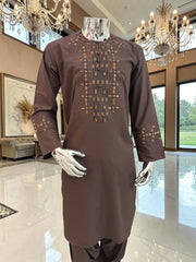 Men’s Chocolate Brown Embroidered Afghan Parahan Tunban 3-Piece Set with Shawl | Small–X-Large