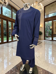 Traditional Afghan Parahan Tunban with Machine Embroidery – Navy Blue – XS
