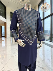Medium Midnight Navy Hand Embroidered Afghan Parahan Tunban Set with Matching Chadder