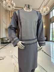 X-Large Charcoal Grey Men’s Shalwar Kameez Yakhandozi with Matching Grey and White Geometric Embroidery | Premium Traditional Wear