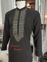 Medium Men’s Black Parahan Tumban with Gold and White Hand Khamak Embroidery – Luxury Afghan Traditional Outfit