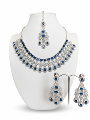 Silver-Tone AD Bridal Necklace Set with Earrings & Maang Tikka – 8 Colors