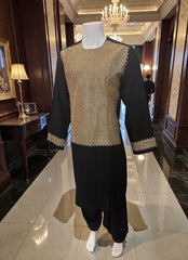 X-Large Black Afghan Parahan Tunban for Men with Machine Embroidery