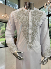 Handmade Afghan Selmadozi Embroidered Men’s Perahan Tunban – Luxury Traditional Formal Outfit – Available in Black, Ivory & White