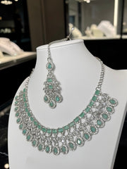Luxury Mint Green American Diamond Bridal Jewelry Set with Maang Tikka | Premium Brass Statement Necklace & Earrings Gift Box Included 6037