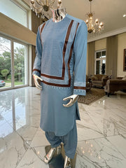 Medium Turquoise Afghan Parahan Tunban with Brown and White Premium Machine Embroidery for Boys/Men