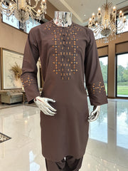 Large Premium Hand Embroidered Brown Afghan Parahan Tunban Set with Matching Shawl