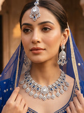 Luxury Silver Tone Sapphire Blue Crystal Bridal Jewelry Set | Statement Necklace, Earrings & Maang Tikka | Wedding Jewelry with Black Gift Box 6028