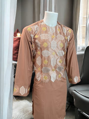Afghan Parahan Tunban with Machine Khamakdozi Embroidery – Warm Rose Gold White – Medium