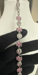 Pink Floral Crystal Link Bracelet – Silver-Tone Flower & Halo Statement Bracelet for Women 7123