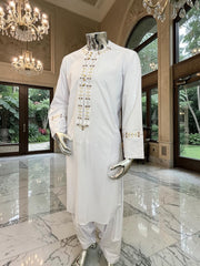 Men’s White Afghan Parahan Tunban with Gold & Brown Embroidery – Traditional Afghan Outfit