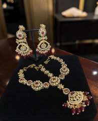 Luxury Kundan Bridal Jewelry Set with Sheeshphool, Necklace & Earrings – Ruby Red, Emerald Green & Pearl White