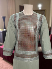 Men’s Pistachio Green Kameez with Brown and Matching Machine Embroidery – Afghan Traditional Wear | Luqmaan Boutique (Medium)